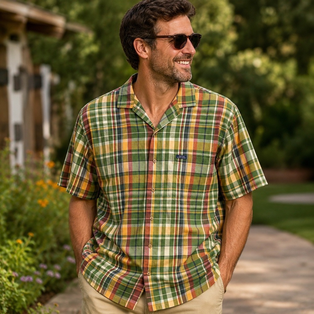 Chaps Ralph Lauren Mens Plaid Short Sleeve Button Down Shirt Green Yellow Red XL